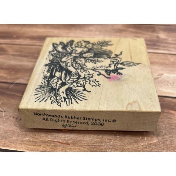 2006 NORTHWOOD'S P2953 CHRISTMAS CANDLE WOOD MOUNTED RUBBER STAMP HOLLY BERRY - Picture 3 of 4